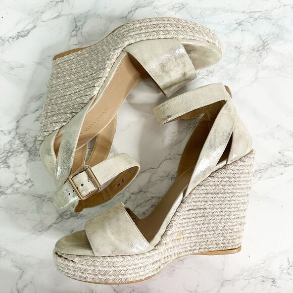 Stuart Weitzman Mostly Platform Metallic Suede Espadrille Wedge Sandals Size 9.5 - Picture 9 of 14
